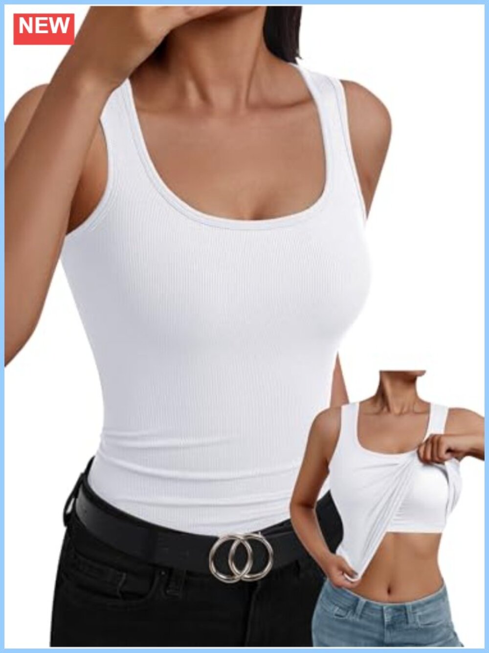 Women's Ribbed Tank Top with Built-In Bra - Scoop Neck Sleeveless - White